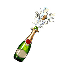 Champagne bottle with cork popping out, sketch style vector illustration isolated on white background. Diagonal view of hand drawn champagne bottle with cork jumping out with explosion © sabelskaya