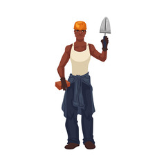 Full length portrait of young and handsome African bricklayer with trowel, cartoon style vector illustration isolated on white background. Black skinned bricklayer holding a trowel and a brick