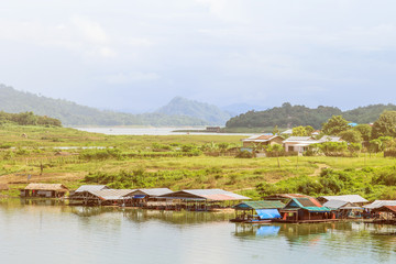 View of Mon village floating on river, Sangkhlaburi, Kanchanaburi, Thailand