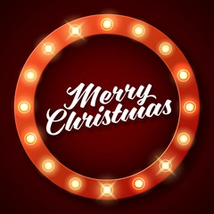 Obraz premium Merry Christmas inscription on retro banner with light bulbs