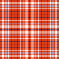 Seamless tartan plaid vector pattern. Twill texture in stripes of white, pale violet & dark blue on bright red background. Traditional check print for bedding ensemble sets & vintage clothing.