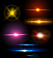 Set of sparkle lights with transparency effects. Collection of beautiful bright lens flares.