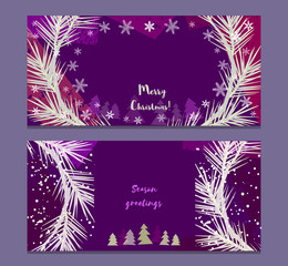Set of horizontal vector banners. Season greetings template. Merry Christmas. Vintage retro style. Design Element for Happy New Year invitation card brochure leaflet background. Vector illustration.