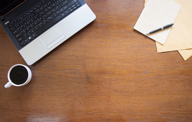 Top view of Business desk, work place with cup of coffee,Empty w