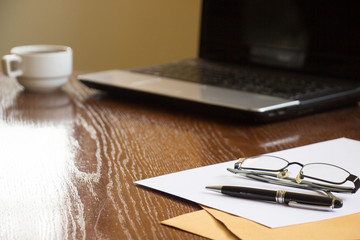 Office desk, work place with cup of coffee,Empty workspace on wh