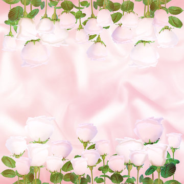 Pale Pink Roses On The Background Of Light Pink Satin.