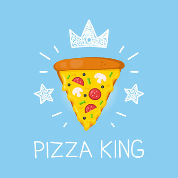 King pizza vector cartoon flat and doodle illustration. Crown and stars icon. Pizzeria concept design