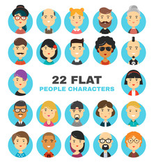 22 flat people characters avatars icons set. Many modern city people vector cartoon illustration. Isolated on white background