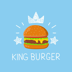 King burger concept vector cartoon flat and doodle illustration. Crown and stars icon