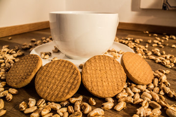 Cookies and puffed grains on the wood
