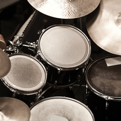 Detail of a drum kit in dark colors