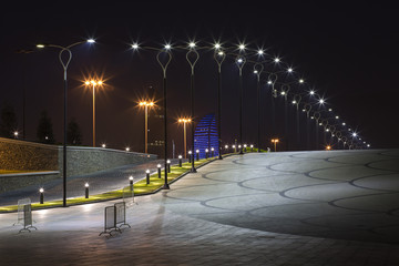 Evening city lights in the Baku Boulevard near the Flag Square