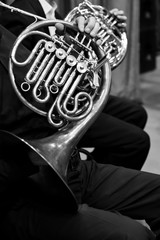 French horn in the hands of the musicians in the orchestra in black and white