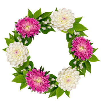 wreath of dahlia and aster flowers on a white background