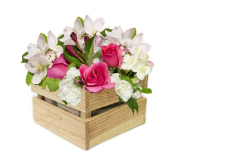 Beautifull bouqet in the wooden box(roses and apple tree flowers)
