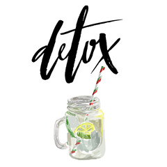 Vector illustration of vegan detox smoothie. Hand drawn healthy drink made of lemon. Isolated on white.