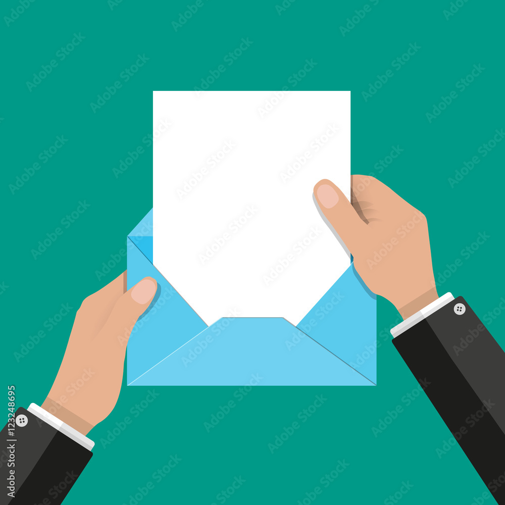 Aufkleber hand pulls from envelope a sheet of empty paper