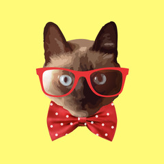 Realistic cat wearing glasses, with a bow
