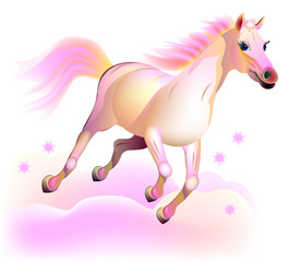 Naklejka na ściany i meble Illustration of fantasy fairyland pink horse running in the clouds. Vector cartoon image.