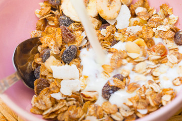 Muesli in the spoon, Healthy food concept.