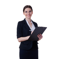 Smiling businesswoman standing over white isolated background