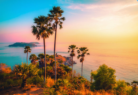 Fototapeta Phromthep cape viewpoint at twilight sky in Phuket,Thailand. Vintage tone