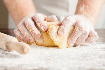 Closeup photo of baker making yeast dough for bread.