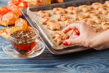 Baking cookies for Christmas. Cookies on baking sheet.