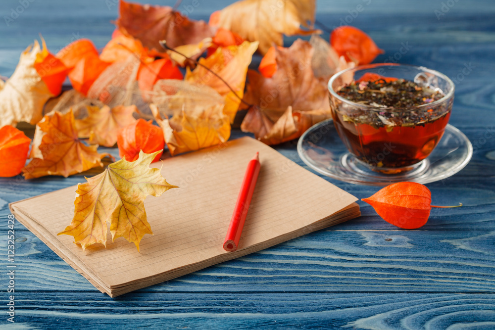 Canvas Prints blank notepad and colorful autumn maple leaves on wooden table b