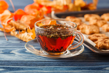 Autumn. cup of coffee and cookies in the shape of the leaves. Se