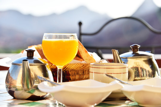 Moroccan breakfast served on hotel terace in Atlas Mountains