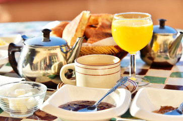 Moroccan breakfast served on hotel terace in Atlas Mountains