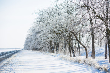 Fototapeta na wymiar Winter road. Winter background. Drifts, snow, tire tread imprint. Copy space.