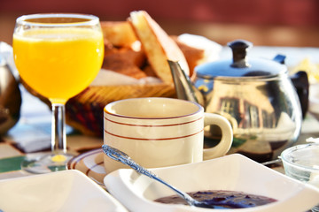 Moroccan breakfast served on hotel terace in Atlas Mountains
