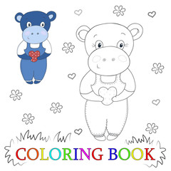 Cute hippo cartoon with heart vector illustration. Color and contour, coloring book
