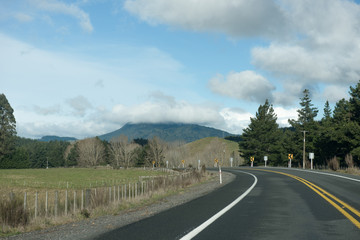 Tree lined road curving to the left under cloudy skies and a mou