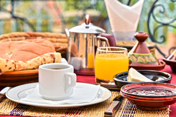 Moroccan breakfast served on hotel terace in Atlas Mountains