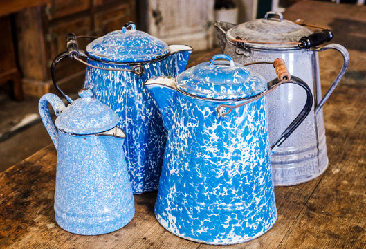 Large Vintage Blue Speckle Enamelware, Granite Ware Coffee Pot