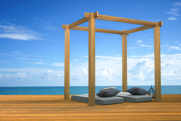3D rendering : illustration of modern wooden beach lounge decoration at balcony outdoor wooden room style with Sundeck on Sea view for vacation and summer / 3d render outdoor living,filtered image