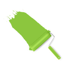 Green Roller Brush Painting on Wall. vector illustration
