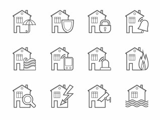 Security of housing and office buildings, icons, contour. Safety of living and working space. Vector monochrome linear icons on white background. 