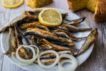 Turkish Hamsi Tava with cornbread / Fried Anchovies