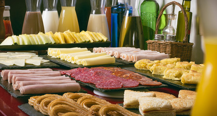 drinks and food in the morning in a hotel