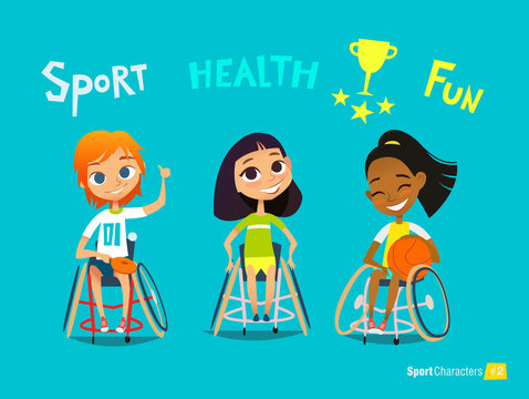 Handisport. Handicapped Kids Character. Coaching handicapped young sportsmen's. Medical rehabilitation. Vector Illustration.