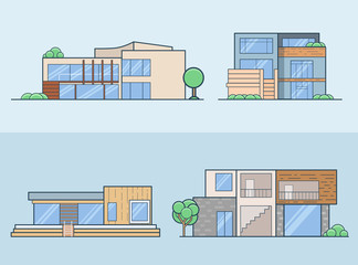 Linear Flat House model front side view vector set Real Estate