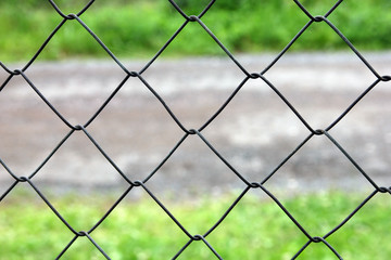 Fototapeta premium mesh netting galvanized on the background of the road and grass