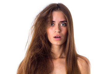 Woman with half of hair straight and half tangled