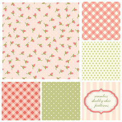 Set of cute seamless Shabby Chic patterns with roses, polka dot and plaid, ideal for kitchen textile or bed linen fabric or interior wallpaper design, can be used for scrap booking paper etc