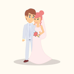 Wedding couple cartoon characters. Bride and groom vector illustration for invitation, greeting card design, t-shirt print, inspiration poster.