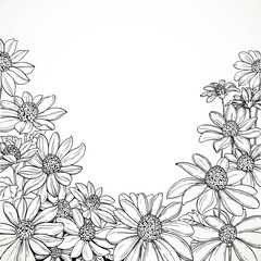 Black and white graphic line drawing of lush wildflowers and fie